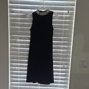 MARINA Black Sleeveless Midi Dress with Beaded Collar